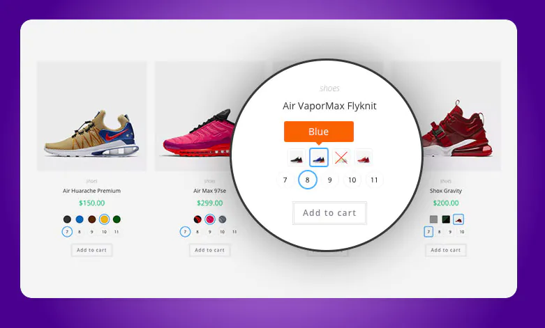 Vista de variaciones de productos en WooCommerce, mostrando opciones de color y talla para elegir antes de añadir al carrito.