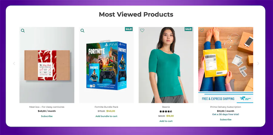 Cuatro productos populares: caja de carne, paquete Fortnite, suéter y suscripción Prime, con opciones de compra y precios.