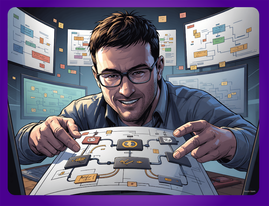 Comic de un hombre trabajando en un diagrama complejo en su computadora, rodeado de pantallas con esquemas de procesos.