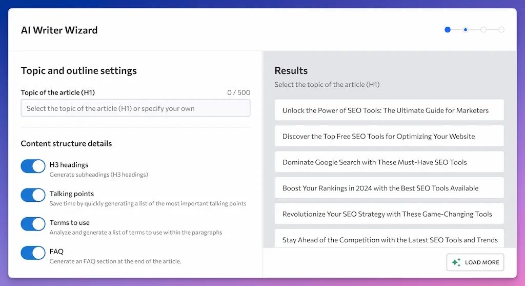 Interfaz del AI Writer Wizard de SE Ranking con opciones de configuración de contenido y resultados sugeridos para temas de SEO.