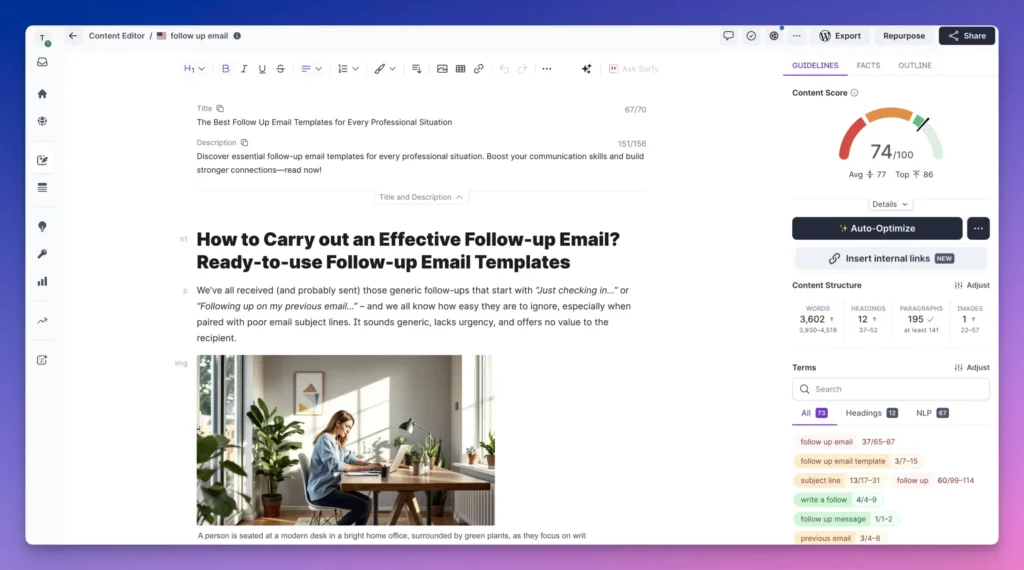 Editor de contenido de Surfer SEO mostrando la puntuación de contenido y una guía de optimización de correos electrónicos de seguimiento.